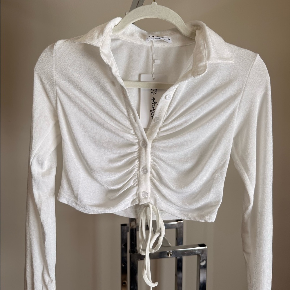 12th Tribe White Drawstring Crop Button-Up